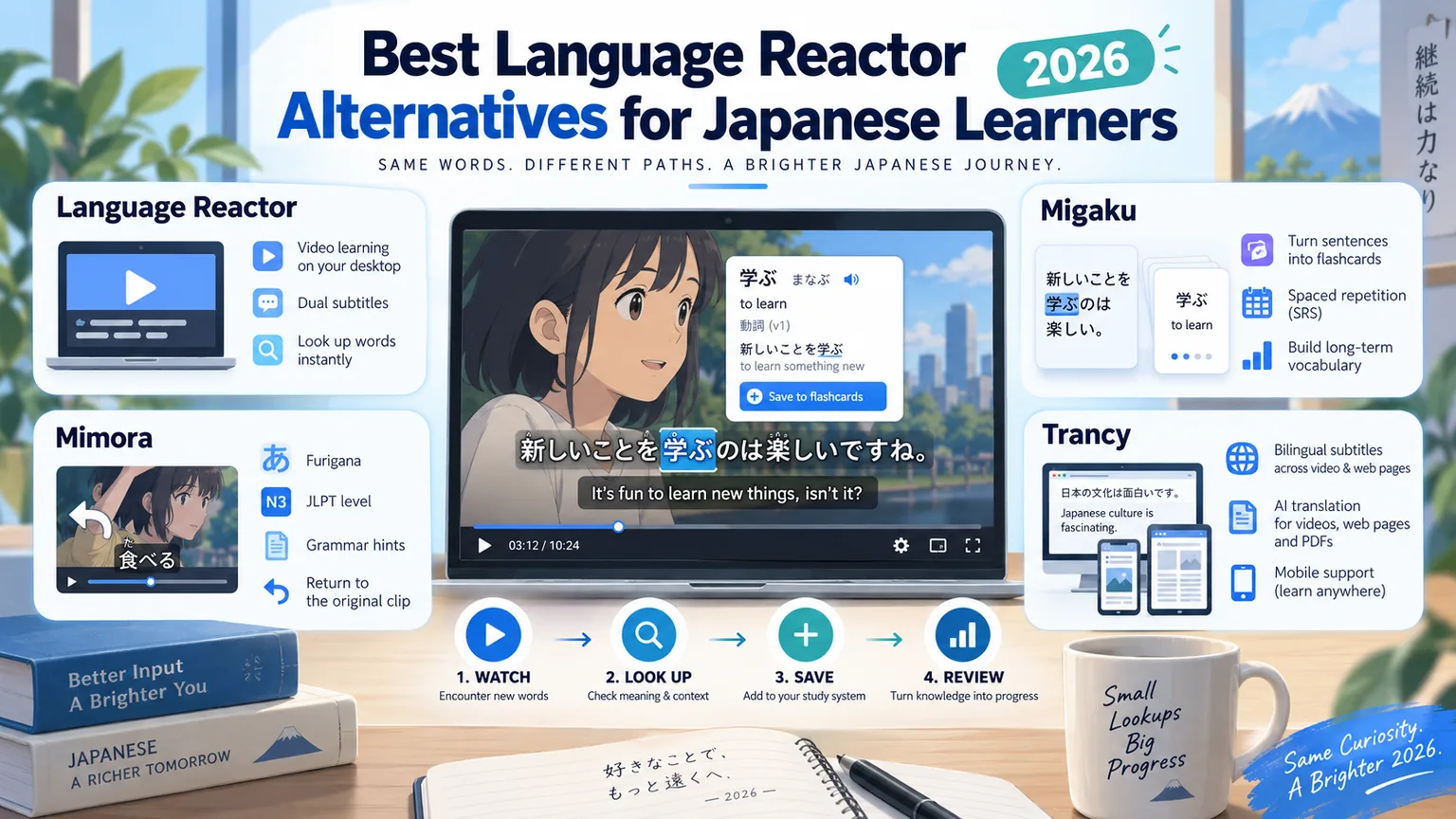 An illustration of four tools arranged around a laptop playing a Japanese video with dual subtitles and a word lookup open. Language Reactor: video learning on your desktop, dual subtitles, instant lookup. Migaku: turning sentences into flashcards, spaced repetition, long-term vocabulary. Mimora: furigana, JLPT level, grammar hints, and a return to the original clip. Trancy: bilingual subtitles across video and web pages, AI translation for videos, pages and PDFs, and mobile support. Beneath them, four steps — watch, look up, save, review.
