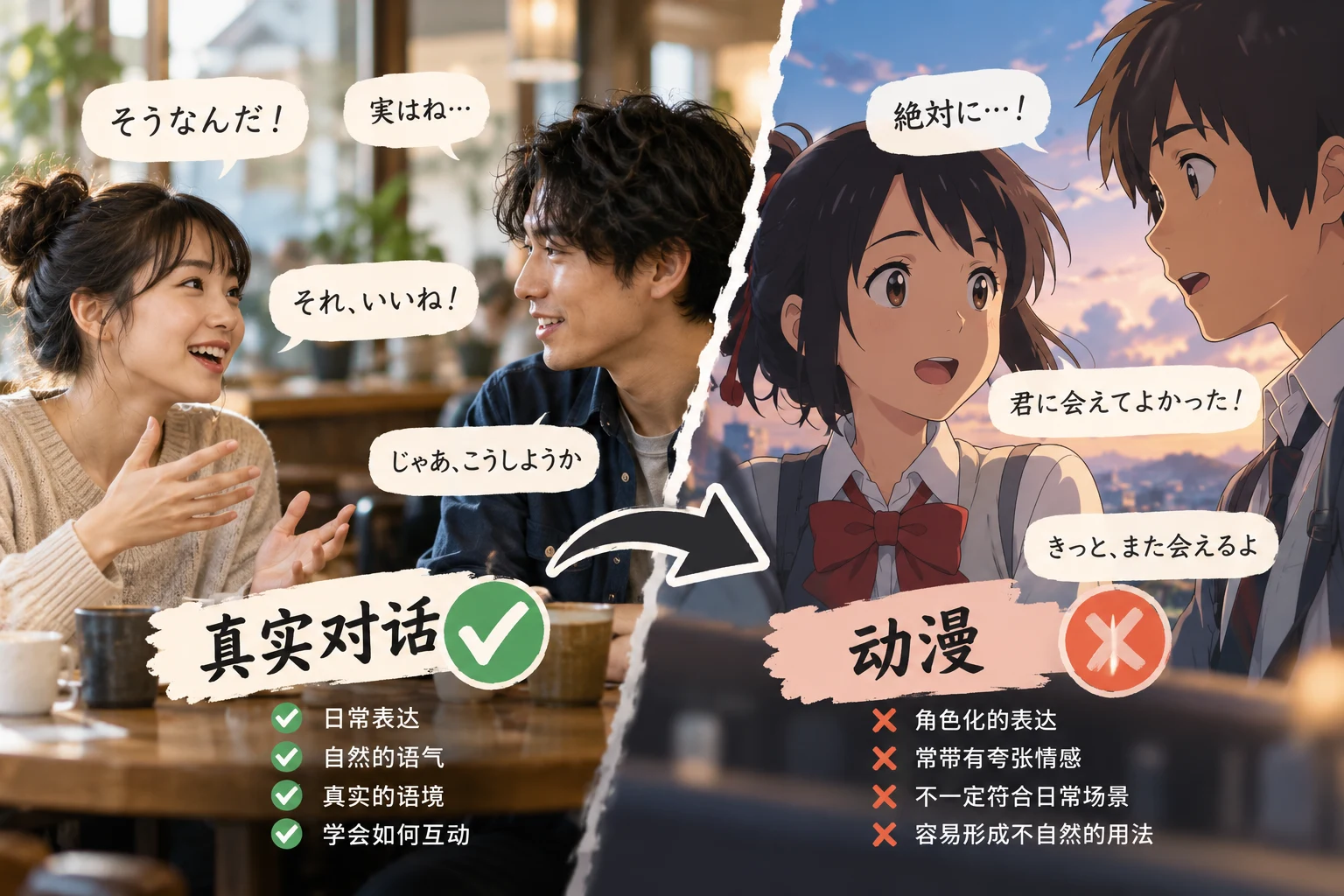A split illustration compares two people chatting in a caf? with two anime characters. Everyday responses on the left illustrate natural tone, shared context and interaction; the right highlights stylized character dialogue. The contrast concerns learning foundations, not a ban on anime.