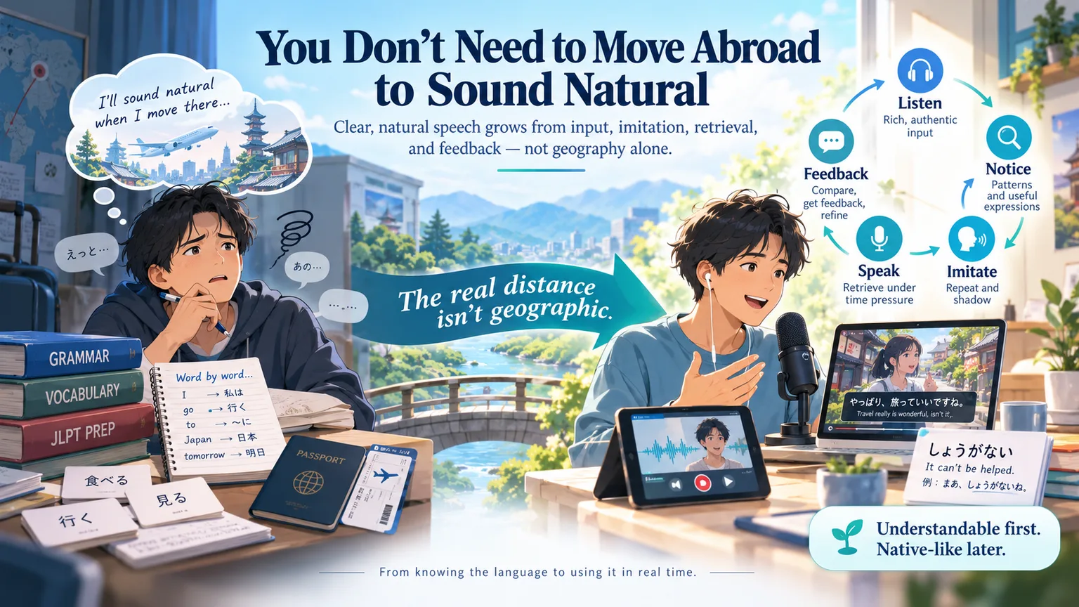 An illustration titled “You Don’t Need to Move Abroad to Sound Natural”. On the left, a learner sits among books labelled grammar, vocabulary and JLPT prep, flashcards for 食べる, 見る and 行く, a word-by-word translation notebook and a passport, hesitating with えっと… and あの… while daydreaming “I’ll sound natural when I move there…”. An arrow reading “The real distance isn’t geographic” leads to the right, where the same learner, earphones in, speaks into a microphone beside a subtitled Japanese video, a recording on a tablet and a card for しょうがない with an example sentence. Around them runs a cycle of listen, notice, imitate, speak and feedback, and a note reads “Understandable first. Native-like later.”